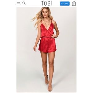 TOBI Alice Surplice Red Satin Romper